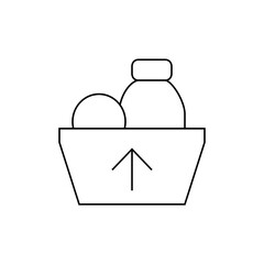 A simple line drawing of a container with an upward arrow holding a sphere and a bottle shape inside it