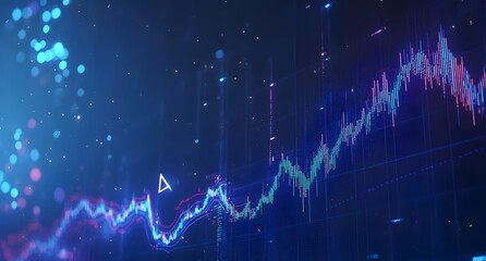 Abstract representation of financial market trends and stock price fluctuations with glowing blue and pink digital data points against a dark background