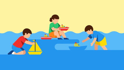 Children playing with toy boats and enjoying summer activities.