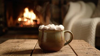 Cozy hot chocolate with melting marshmallows by a warm fireplace