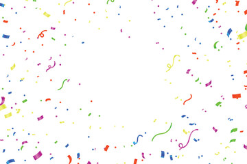 Colorful confetti and streamers falling on white background, Colorful confetti celebration background, Anniversary celebration banner. Bright festive tinsel. Birthday party backdrop.