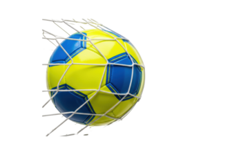 an ultra-aerodynamic neon yellow and electric blue soccer ball with high-gloss texture, forcefully wedged into a tightly stretched white goal net on a seamless studio backdrop. concept of