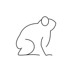 A minimalist line drawing of a frog with a circular eye sitting in profile on a white background