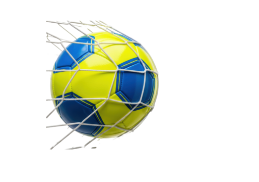an ultra-aerodynamic neon yellow and electric blue soccer ball with high-gloss texture, forcefully wedged into a tightly stretched white goal net on a seamless studio backdrop. concept of