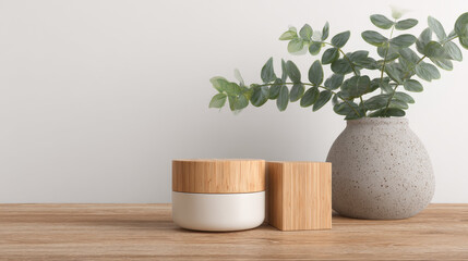 Skincare containers and cosmetic packaging arranged on a wooden table to represent a clean beauty concept.