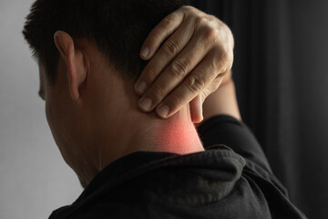 Fototapeta premium Neck Pain Concept – Man Touching Sore Neck with Red Inflammation
