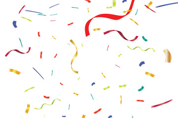Colorful confetti and streamers falling on white background, Colorful confetti celebration background, Anniversary celebration banner. Bright festive tinsel. Birthday party backdrop.