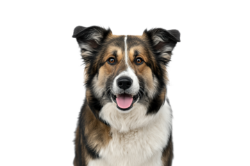 A friendly mixed-breed dog with intelligent eyes and a joyful expression looks directly at the camera against a clean transparent background, showcasing its distinct markings and attentive ears.