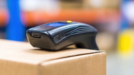 Handheld scanner placed on a cardboard box in a busy warehouse environment