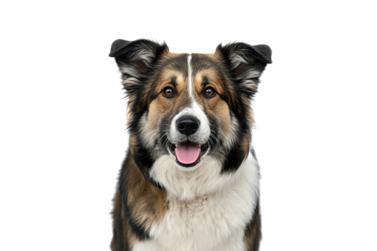 A friendly mixed-breed dog with intelligent eyes and a joyful expression looks directly at the camera against a clean transparent background, showcasing its distinct markings and attentive ears.
