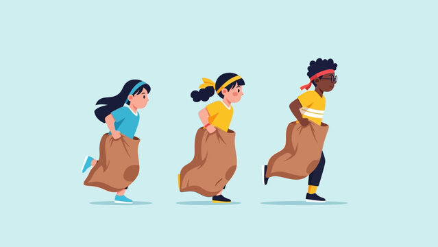 Three diverse children competing in a sack race.