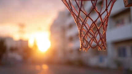 Sunset basketball hoop silhouette in a quiet urban street scene