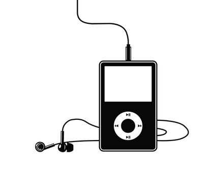Black and white mp3 player with earphones isolated on