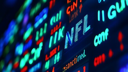 Vibrant abstract digital art with glowing neon text and symbols creating a futuristic and energetic visual experience on a dark background