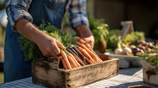 Farmer hands placing fresh organic carrots into a wooden crate. Harvest of colorful root vegetables at a local farmers market - Powered by Adobe