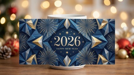 geometric mug wrap with fireworks template depicting elegant serif numbers 2026 surrounded by small shining stars for happy new year 2026 design template