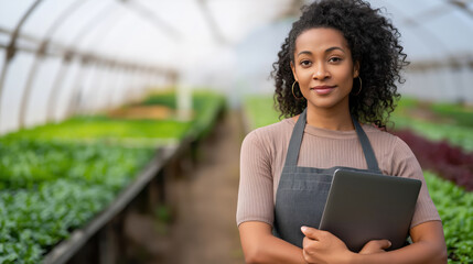 Portrait of a confident African American female farmer holding a laptop in a greenhouse. Modern agriculture and agritech concept with small business owner managing organic farm