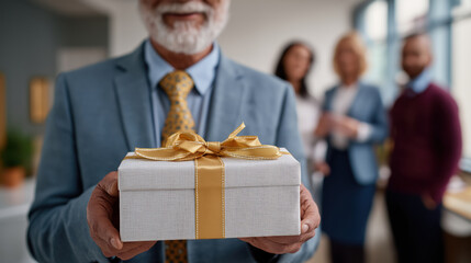 Senior businessman holding a white gift box with gold ribbon in an office. Corporate reward and employee appreciation concept with colleagues in background
