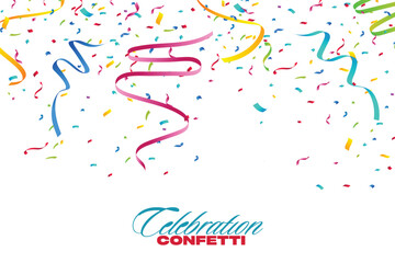 Colorful celebration confetti background, Glitter confetti frame background. Anniversary celebration banner. Bright festive tinsel. Birthday party backdrop. Holiday design.