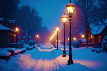 Obraz premium A snowy street with a row of street lamps lit up