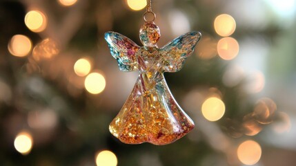 Obraz premium Beautiful glass angel ornament hanging on a Christmas tree lights