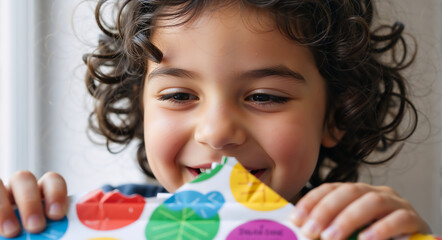 Happy child with curly hair smiling while opening a gift. Joyful little boy unwrapping a birthday present during a celebration