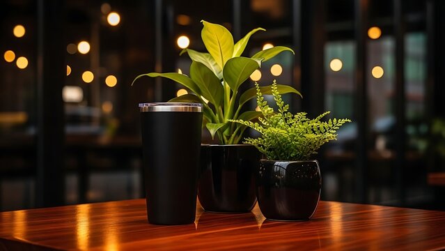 Black reusable tumbler and potted plants on a warm wooden table in a cozy cafe setting.