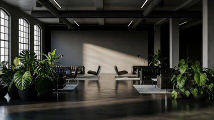 Fototapeta premium Modern industrial lounge with elegant black leather furniture and large green plants.
