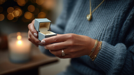 Close up of woman holding a blue jewelry box with a ring. Female hands with gold bracelets holding a Christmas gift. Holiday engagement proposal concept
