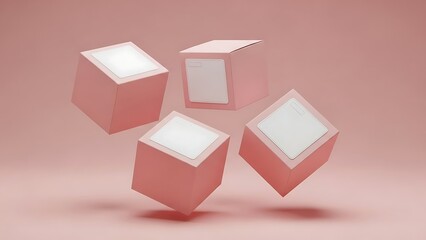 Obraz premium Floating pink product boxes with blank labels on a soft pastel background