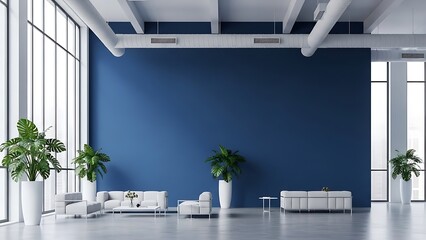 A modern, minimalist interior with a vibrant blue wall and comfortable seating.