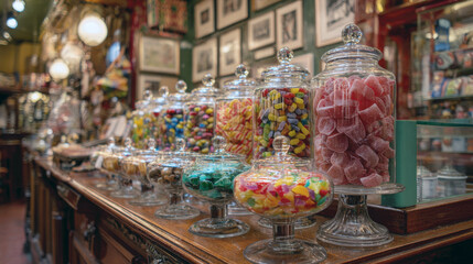 Nostalgic Vintage Sweet Shop. Detailed Close-up of Glass Jars Filled with Assorted Gummy Candies and Chocolates on a Dark Wooden Counter in an Old-Fashioned Store