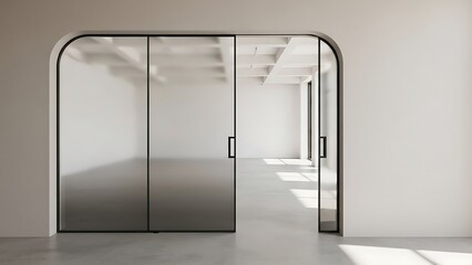 Modern office interior with sliding glass doors and natural light.