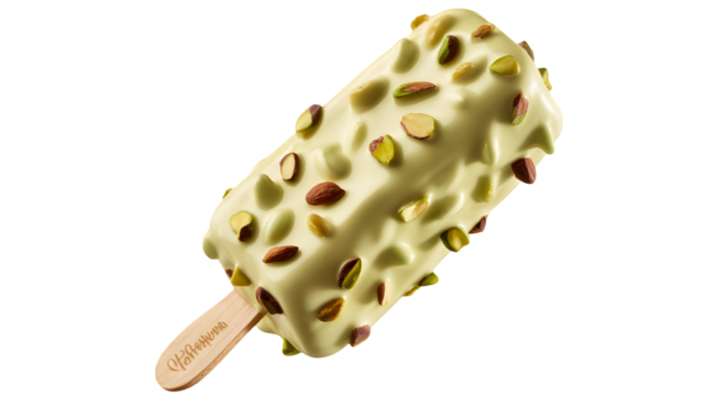 Delicious pistachio ice cream bar coated in white chocolate and covered in crunchy chopped pistachios isolated on transparent background