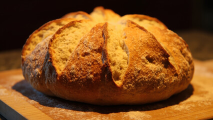 Freshly baked artisan bread loaf on a wooden cutting board, ready to eat