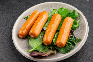 Sausage vegetarian soy meat plant-based food fast food natural tasty appetizer fresh gourmet food background on the table rustic top view copy space keto or paleo diet vegetarian or vegan food