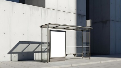 Empty bus stop shelter with blank advertisement billboard in urban concrete setting.