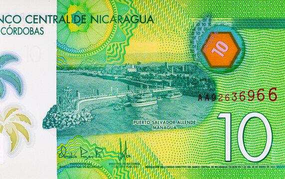 10 Cordobas Nicaragua, a fragment of a banknote for design. Polymer money of Nicaragua.