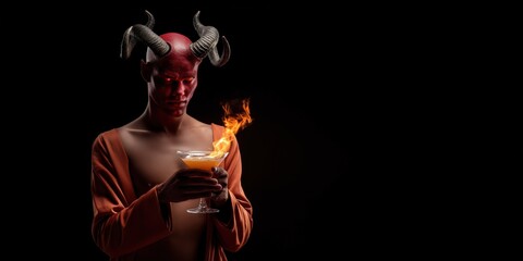 Demonic male figure with horns holding flaming cocktail in dark setting