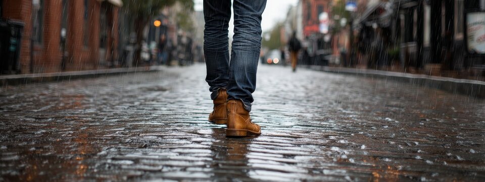 Man walking on cobblestone street in the rain