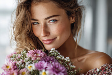 Naklejka premium Smiling Woman with Freckles Holding a Bouquet of Flowers