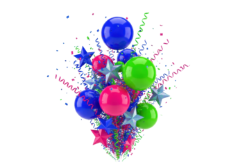hyperrealistic 3d rendering of glossy blue, pink, and green party spheres, stars, and confetti exploding against a clean white background with copy space. concept for luxurious celebration advertising