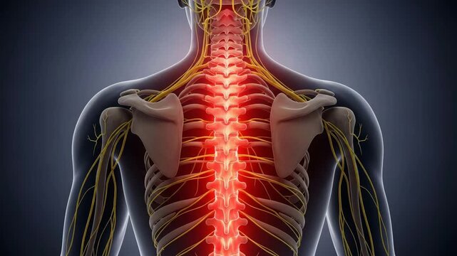 Human spine with nerves and highlighted pain area on gray background video