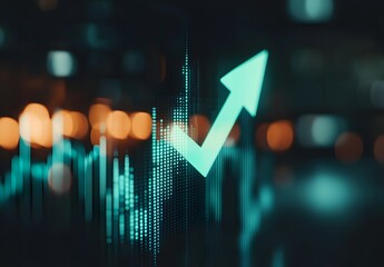 Abstract digital representation of a financial market chart with a prominent upward trending arrow indicating growth and positive performance in a dark bokeh lit environment