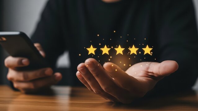 Customer hand holding a smartphone displaying a five star rating with glowing golden stars above palm