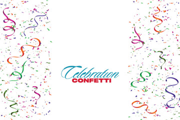 Colorful celebration confetti frame background, Glitter confetti frame background. Anniversary celebration banner. Bright festive tinsel. Birthday party backdrop. Holiday design.