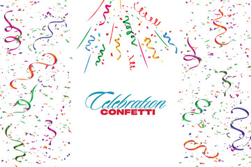 Colorful celebration confetti frame background, Glitter confetti frame background. Anniversary celebration banner. Bright festive tinsel. Birthday party backdrop. Holiday design.