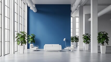 Modern minimalist interior with white furniture, large windows, and a blue accent wall.