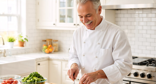 Senior male chef cooking fresh vegetables in a white kitchen. Happy older man preparing a healthy salad