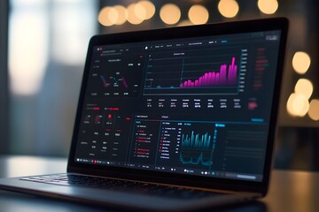 Close up of a laptop screen displaying complex financial charts and graphs with glowing bokeh lights in the background suggesting a modern office environment